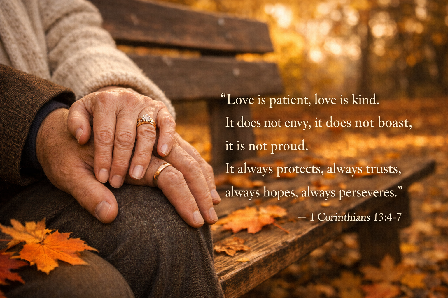 1 Corinthians 13:4-7 Bible verse wallpaper - Love is patient love is kind - elderly couple hands intertwined on park bench with autumn leaves